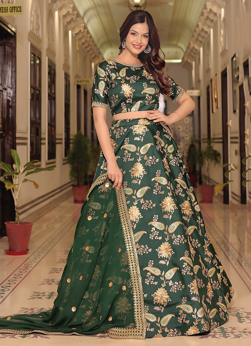 Dark Green Embroidered & Heavy Sequins Lehenga Choli Set