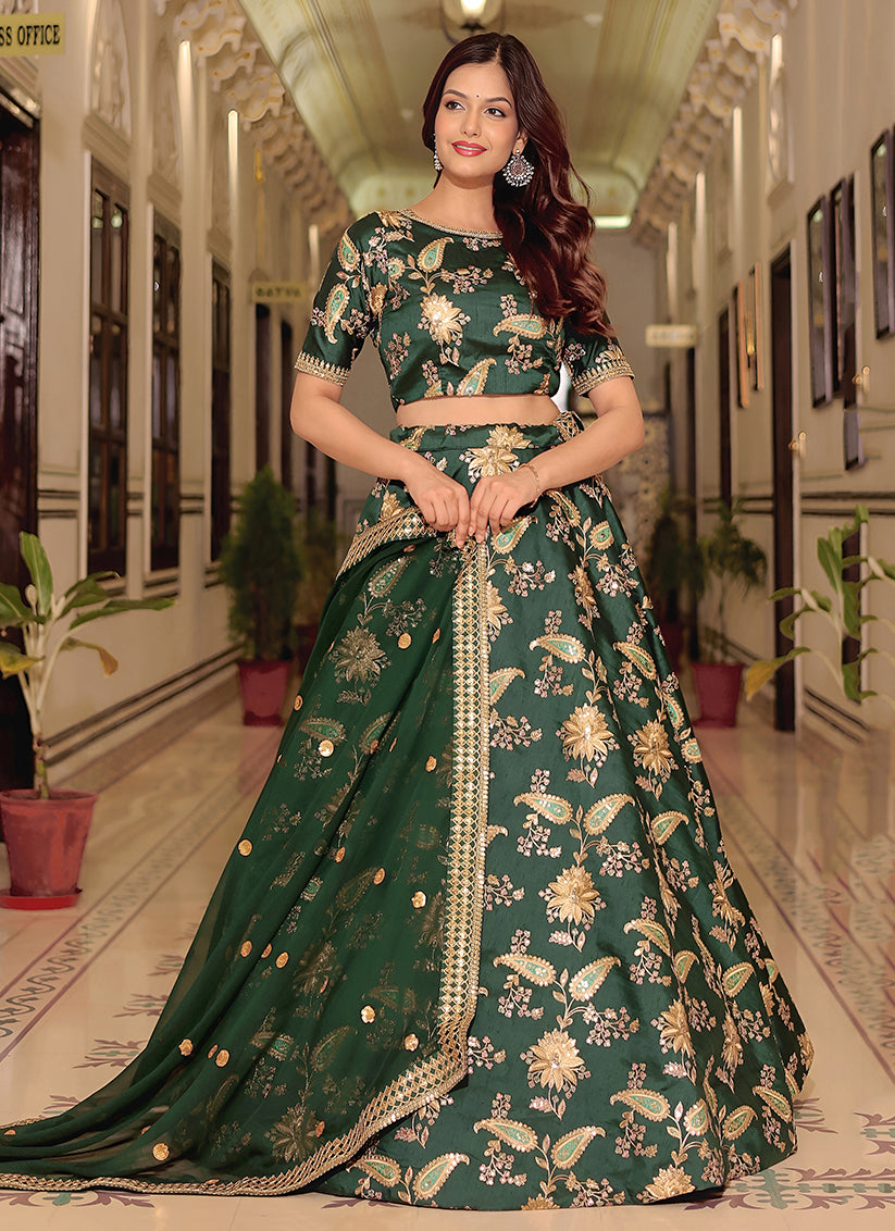 Dark Green Embroidered & Heavy Sequins Lehenga Choli Set