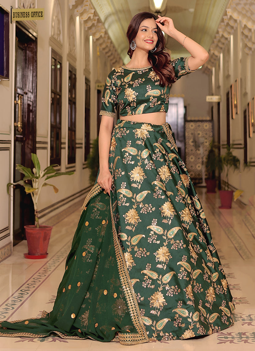 Dark Green Embroidered & Heavy Sequins Lehenga Choli Set