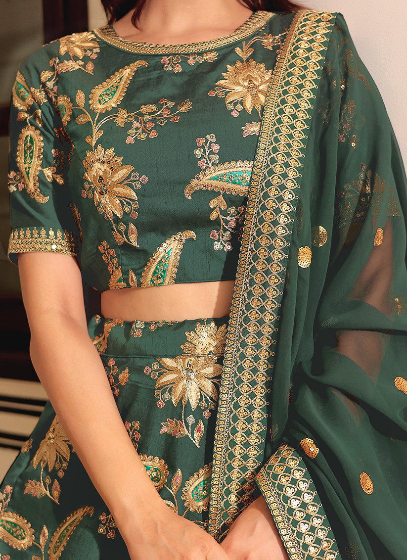 Dark Green Embroidered & Heavy Sequins Lehenga Choli Set