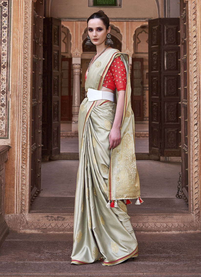 Dusty Cream Pure Satin Zari Woven Saree