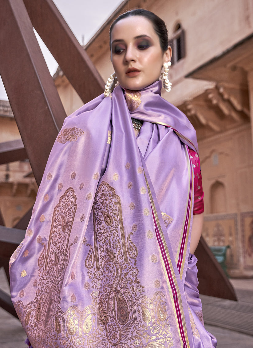 Lilac Pure Satin Zari Woven Saree