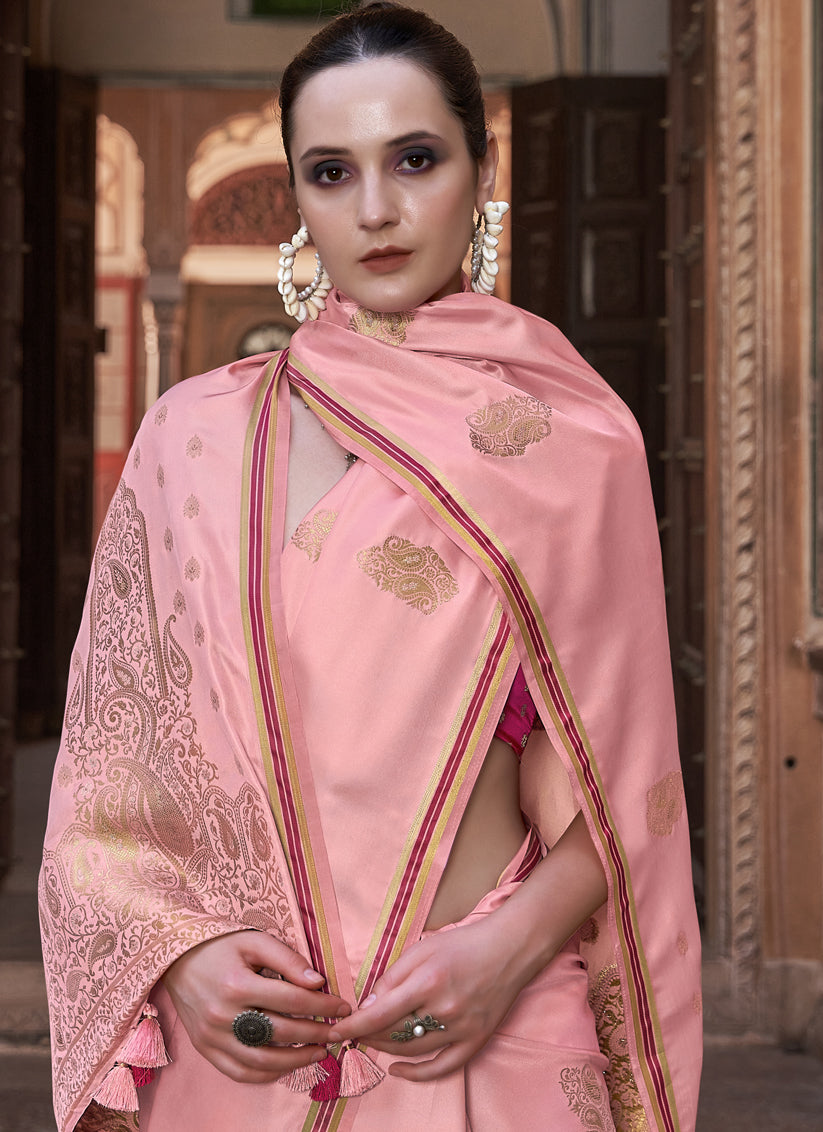 Coral Pink Pure Satin Zari Woven Saree