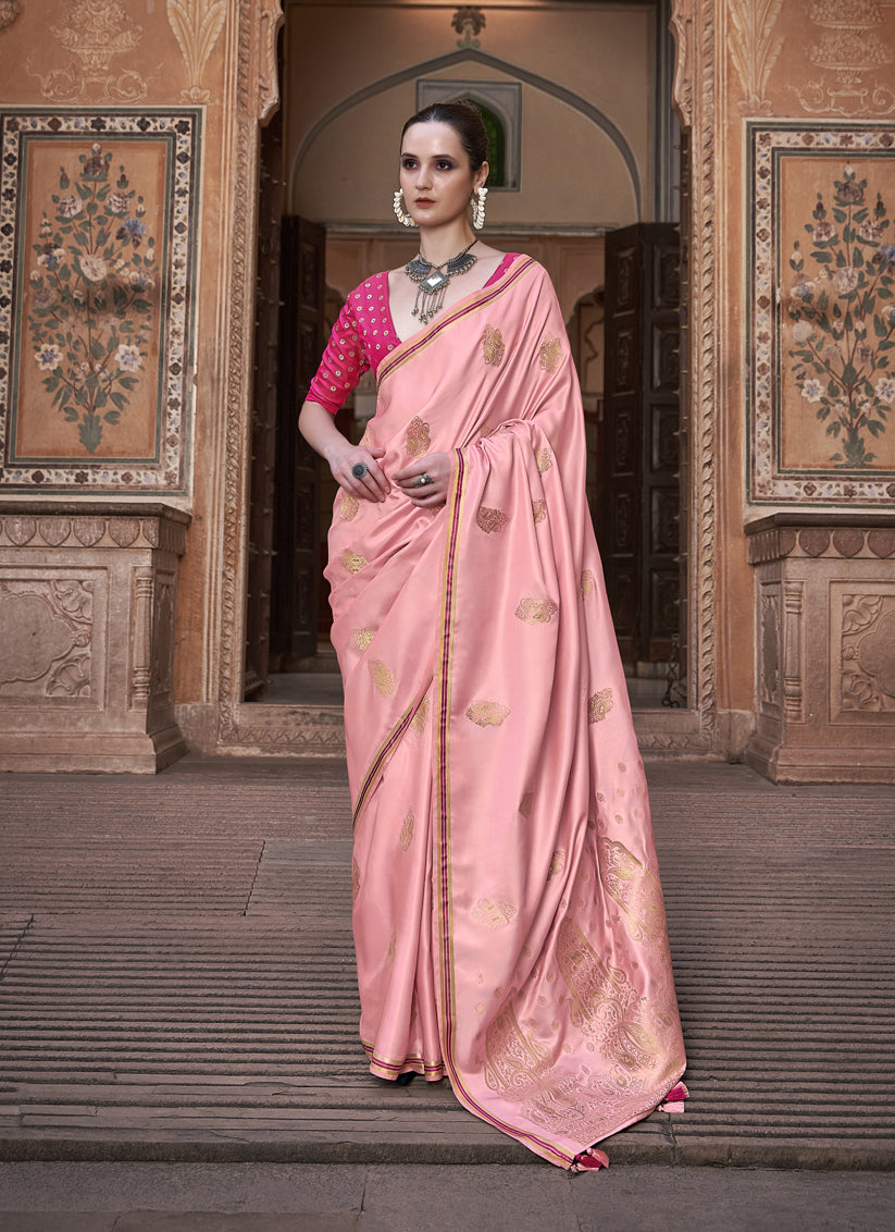 Coral Pink Pure Satin Zari Woven Saree