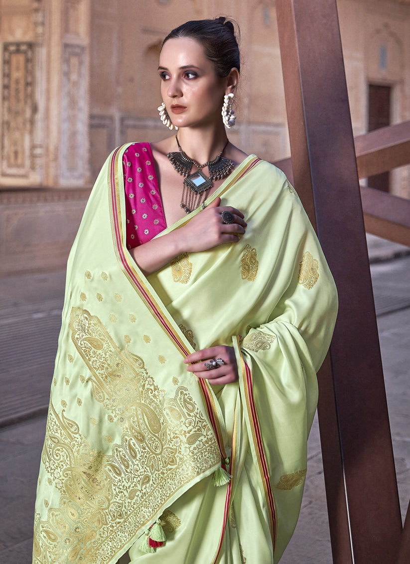 Pastel Green Pure Satin Zari Woven Saree