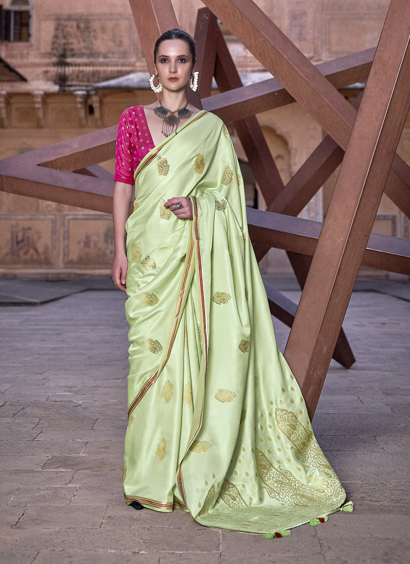 Pastel Green Pure Satin Zari Woven Saree