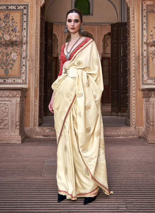 Cream Pure Satin Zari Woven Saree