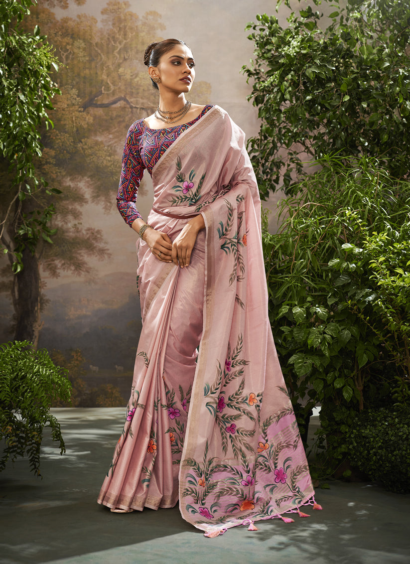 Onion Pink Linen Tissue Printed Saree For Festival