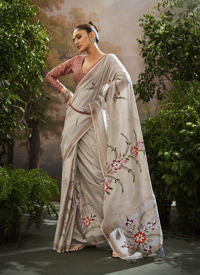 Grey Linen Tissue Printed Saree For Festival