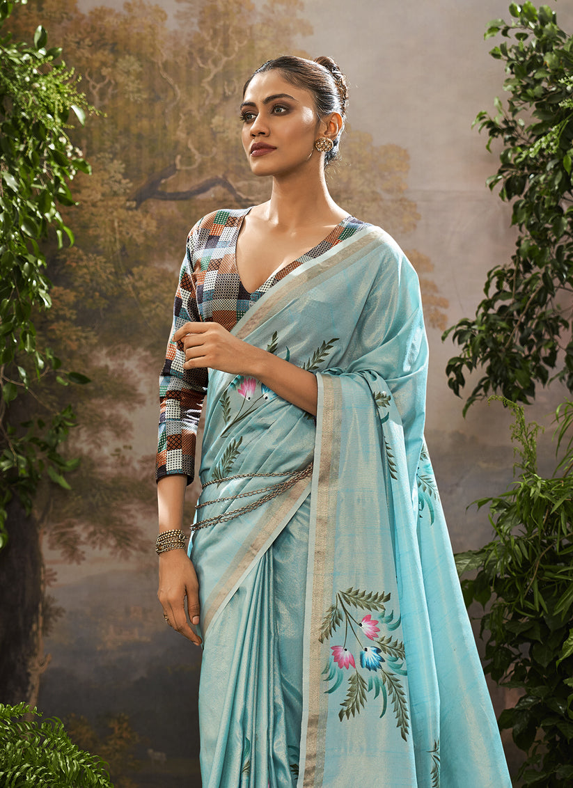 Sky Blue Linen Tissue Printed Saree For Festival