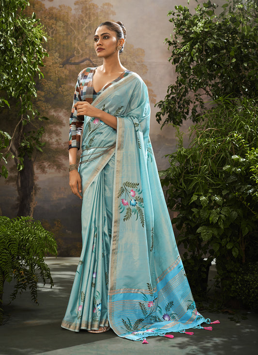 Sky Blue Linen Tissue Printed Saree For Festival