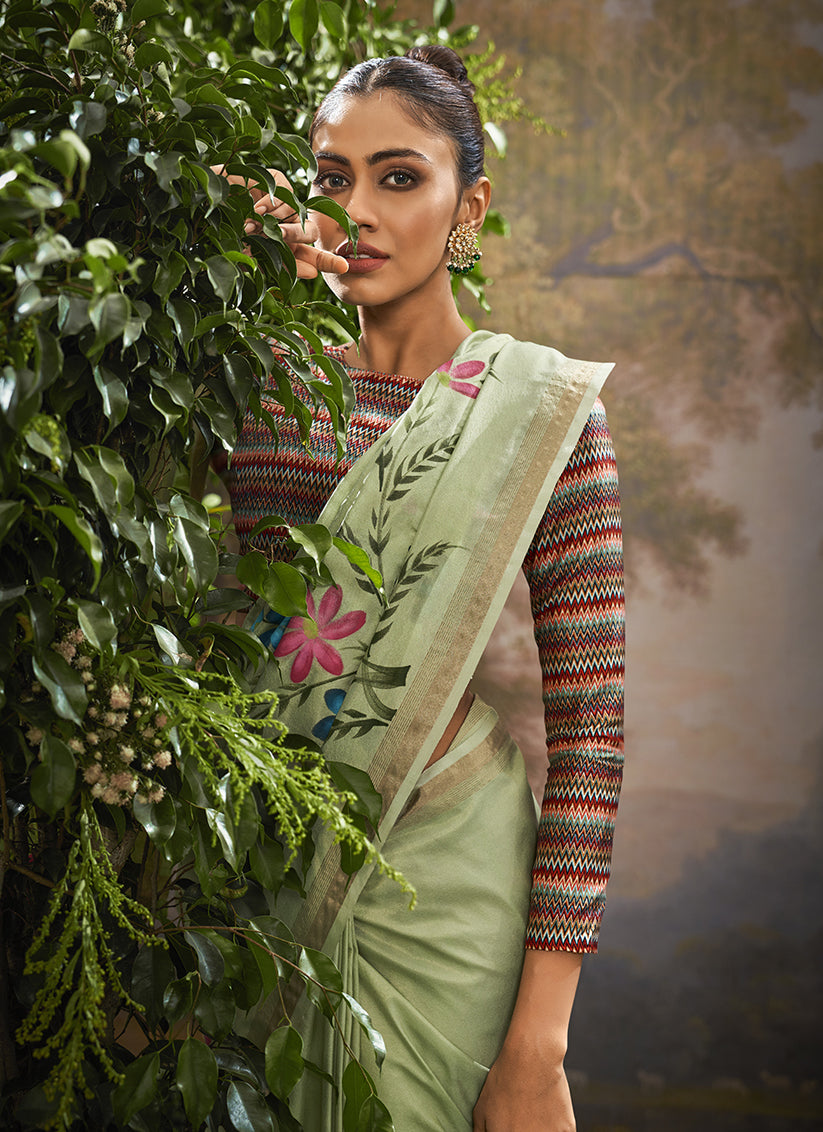 Pista Green Linen Tissue Printed Saree For Festival