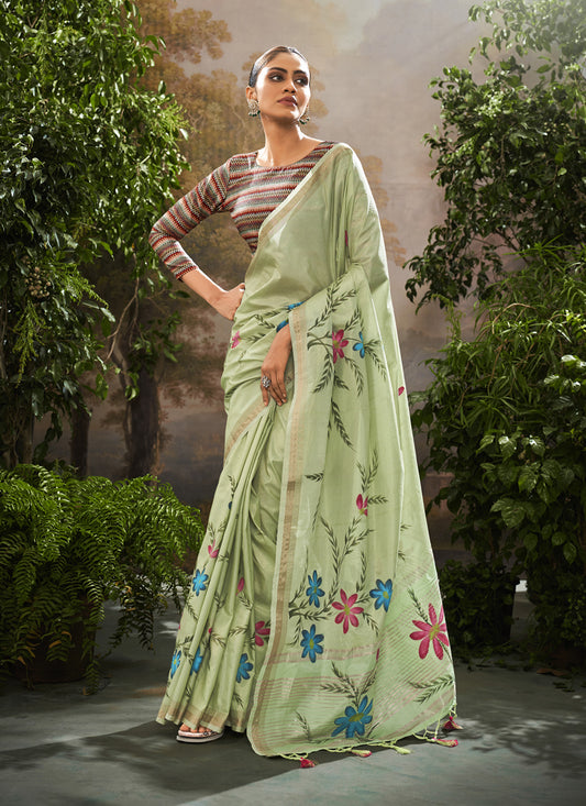 Pista Green Linen Tissue Printed Saree For Festival