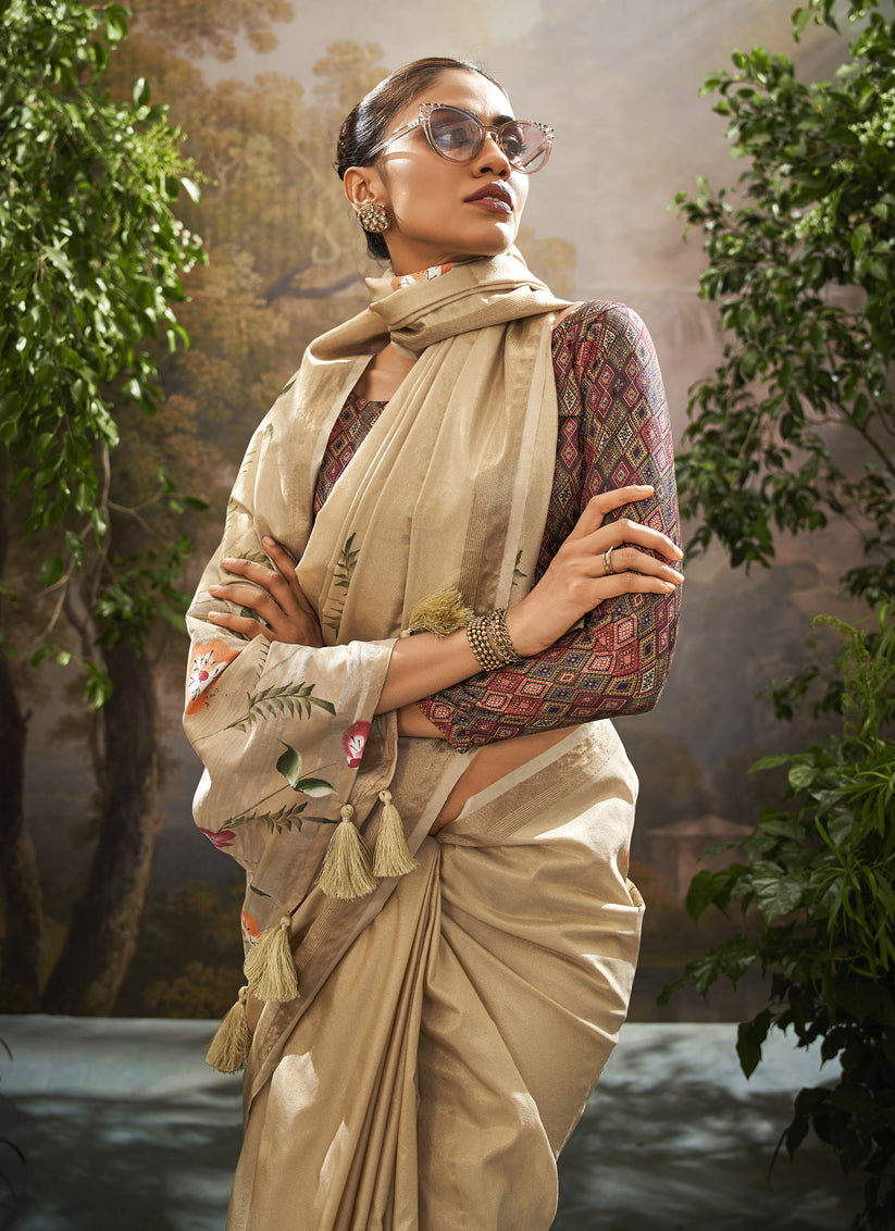 Beige Linen Tissue Printed Saree For Festival