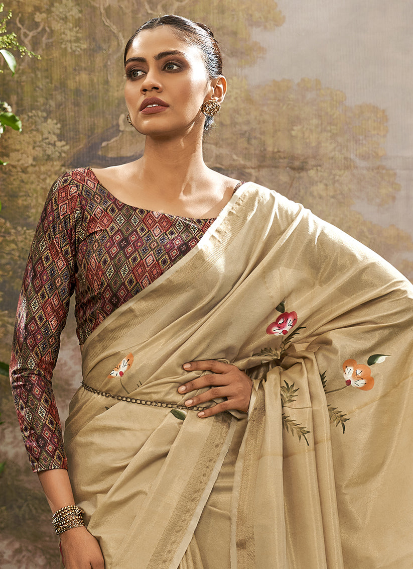 Beige Linen Tissue Printed Saree For Festival