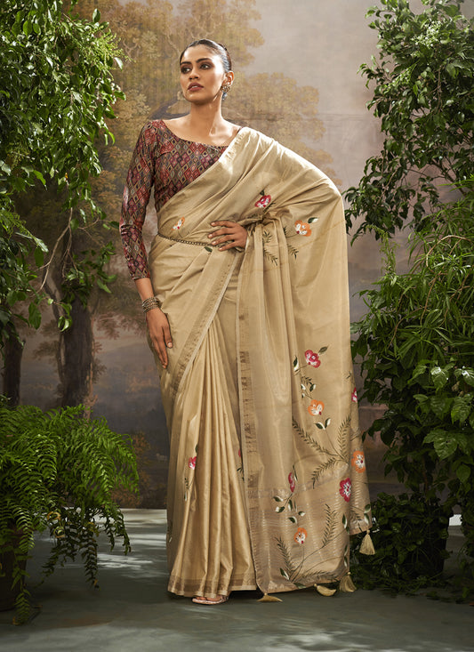 Beige Linen Tissue Printed Saree For Festival