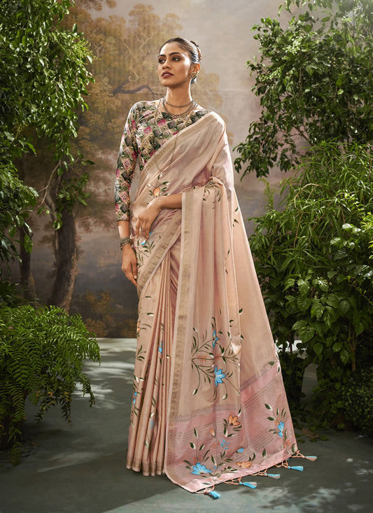 Blush Peach Linen Tissue Printed Saree For Festival