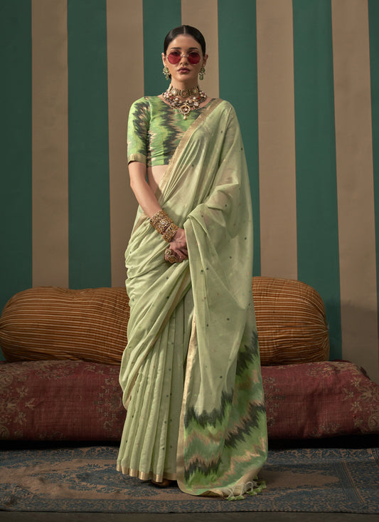 Pistachio Green Spun Handloom Silk Weaving Festival Saree