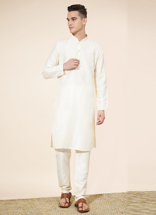 Off White Silk Solid Mens Kurta Pajama Set