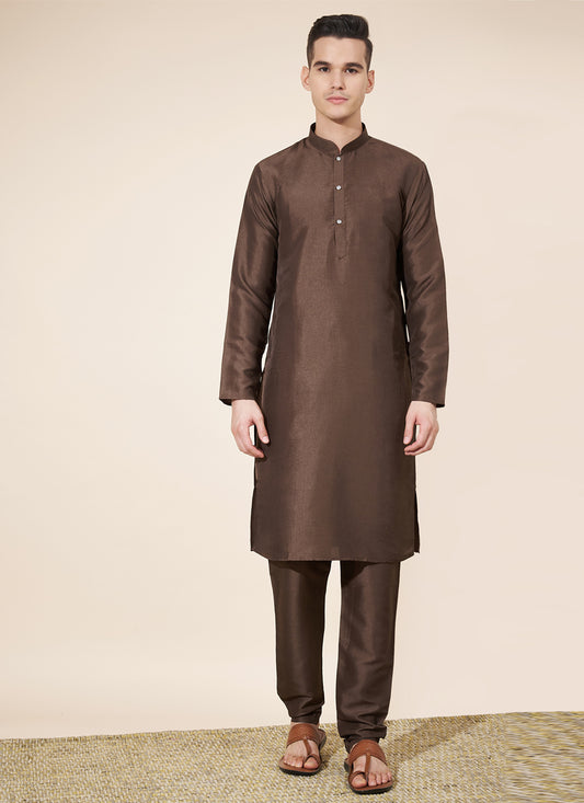 Coffee Brown Silk Solid Mens Kurta Pajama Set