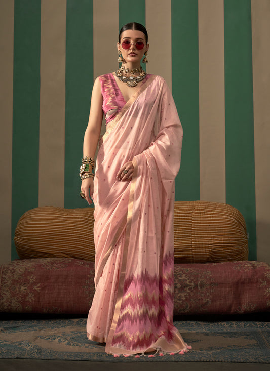 Blush Peach Spun Handloom Silk Weaving Festival Saree