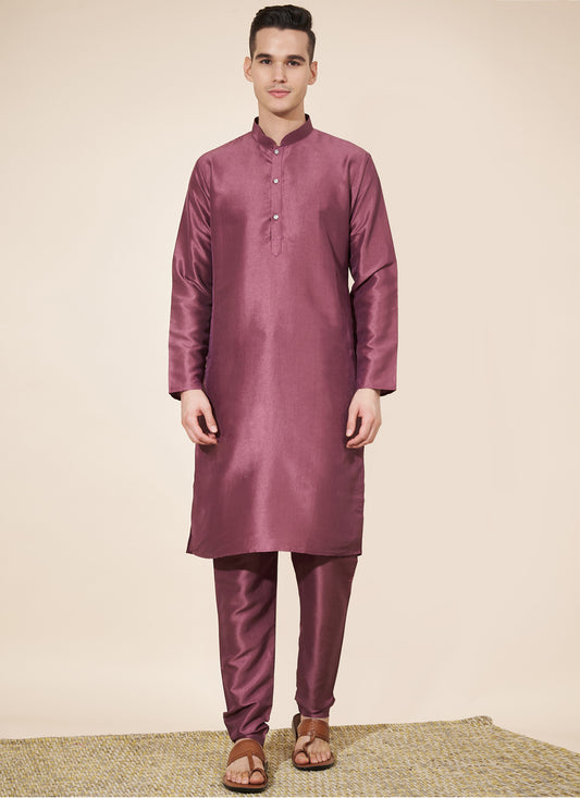 Burgundy Silk Solid Mens Kurta Pajama Set