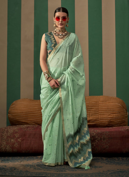 Mint Green Spun Handloom Silk Weaving Festival Saree