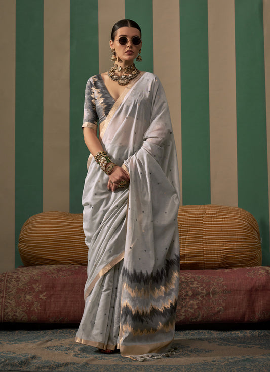 Sky Grey Spun Handloom Silk Weaving Festival Saree