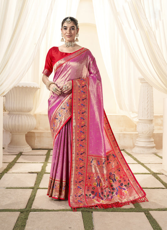 Rani Pink Handloom Paithani Tissue Silk Saree