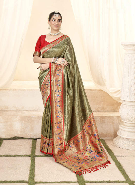 Mehendi Green Handloom Paithani Tissue Silk Saree