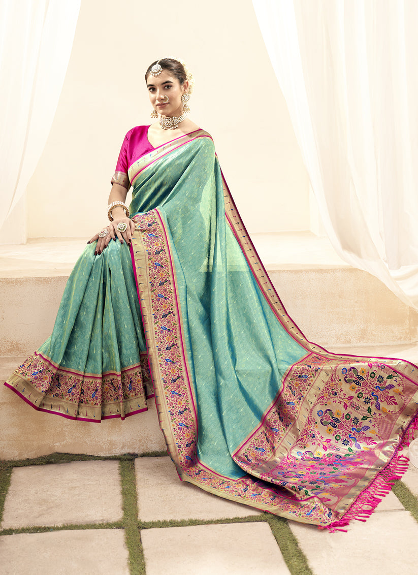 Aqua Mint Handloom Paithani Tissue Silk Saree