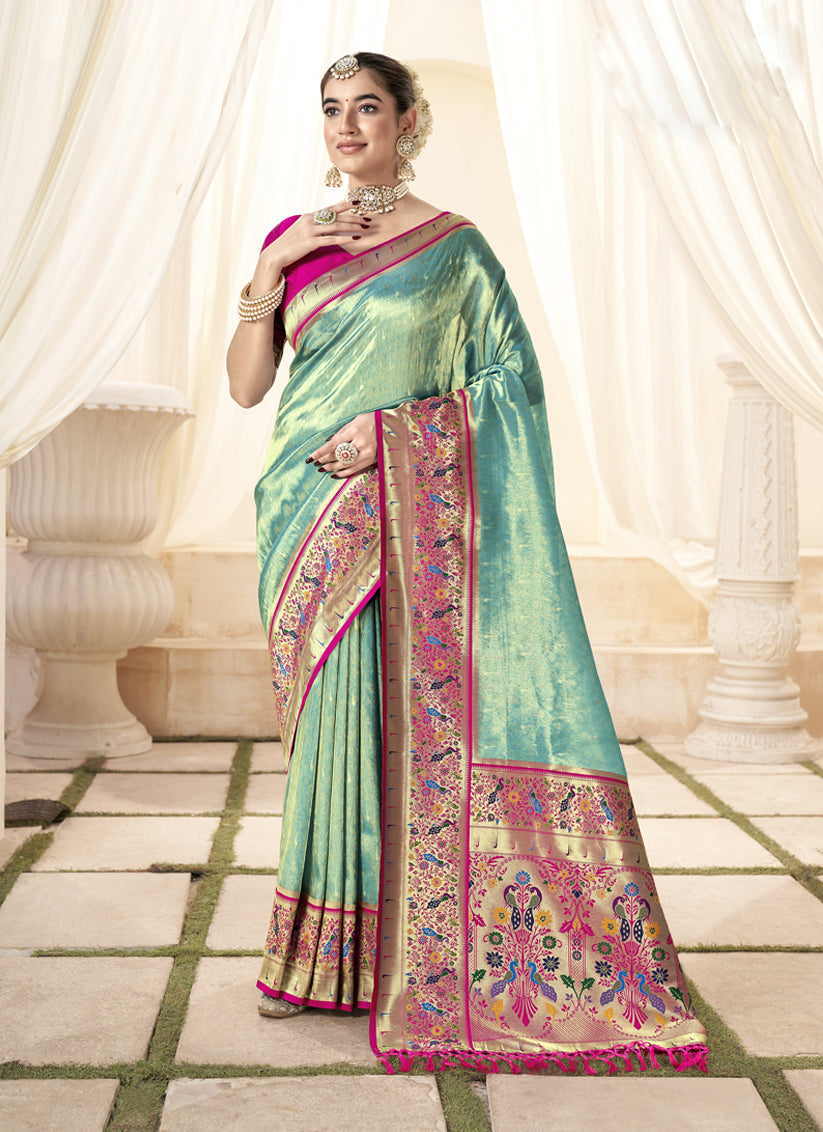 Aqua Mint Handloom Paithani Tissue Silk Saree