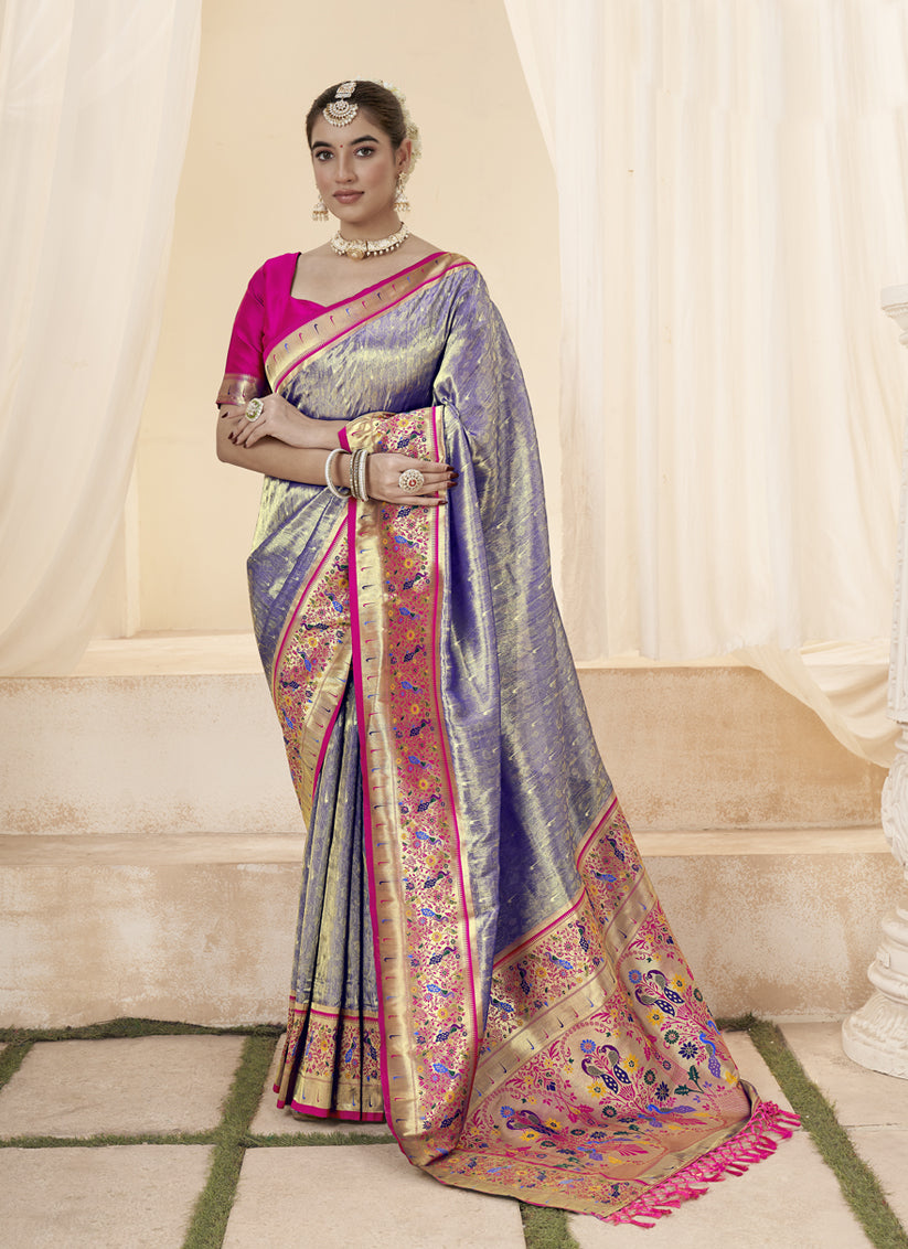 Lilac Handloom Paithani Tissue Silk Saree