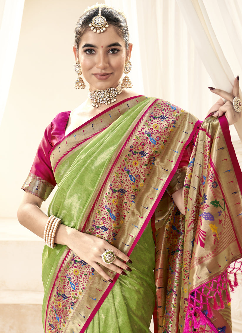 Parrot Green Handloom Paithani Tissue Silk Saree