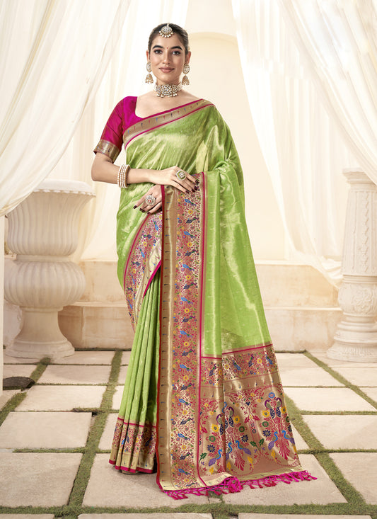 Parrot Green Handloom Paithani Tissue Silk Saree