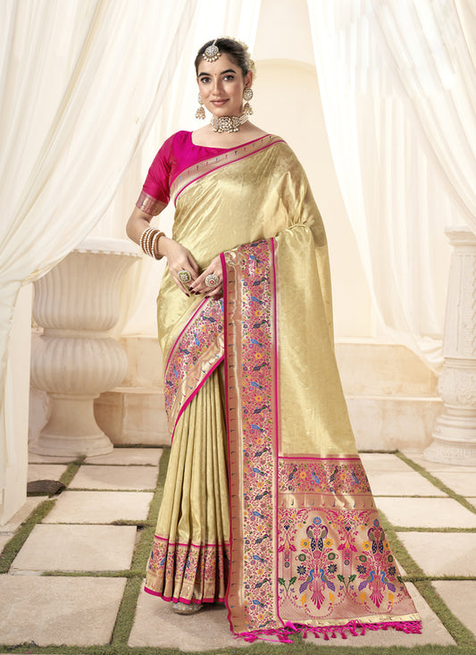 Beige Handloom Paithani Tissue Silk Saree