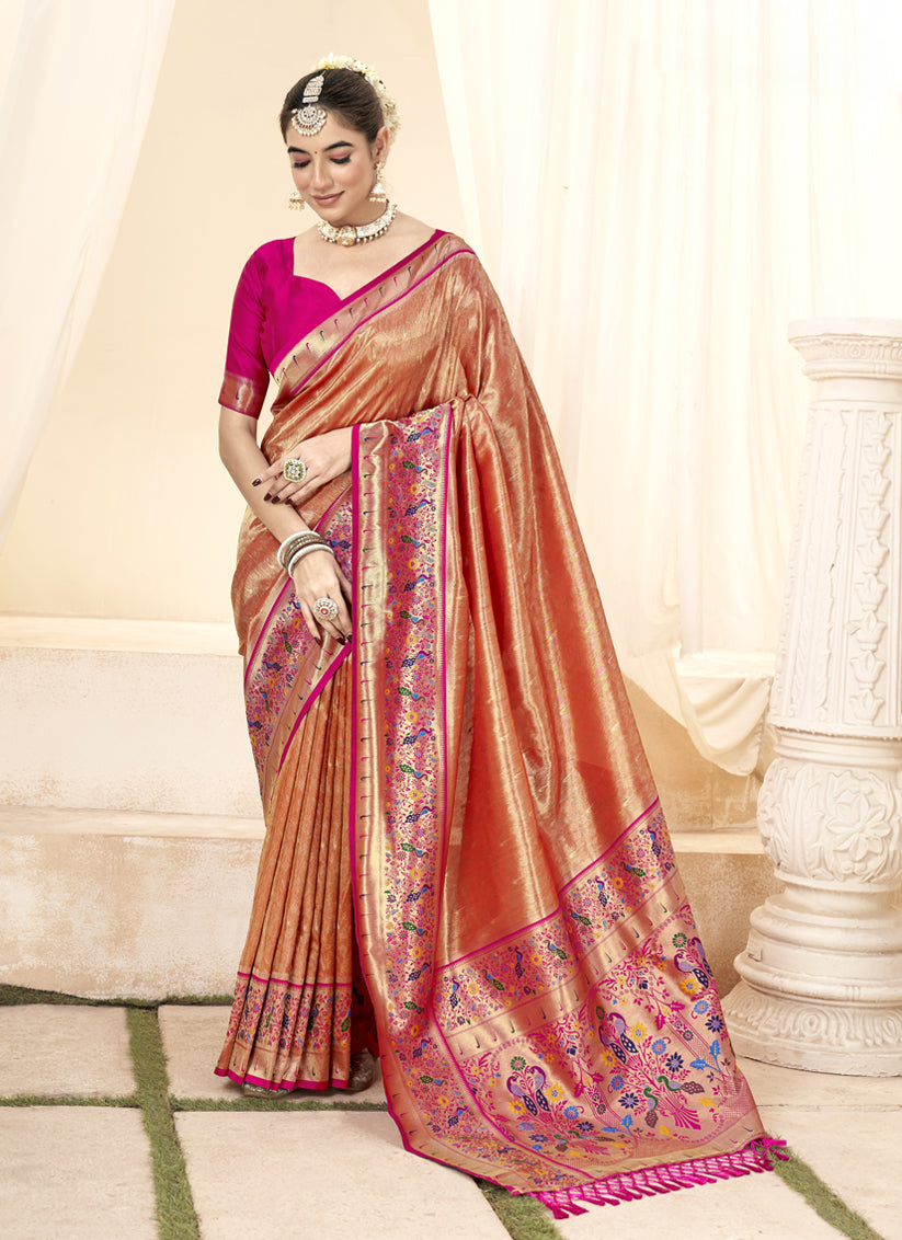 Salmon Orange Handloom Paithani Tissue Silk Saree