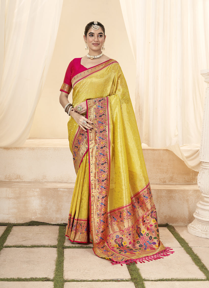 Lemon Yellow Handloom Paithani Tissue Silk Saree