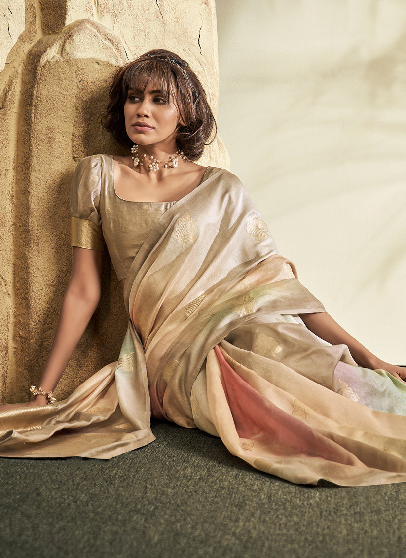 Beige Handloom Cotton Silk Embellished Saree