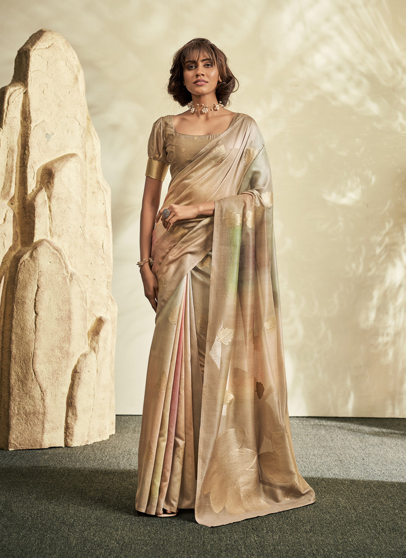 Beige Handloom Cotton Silk Embellished Saree