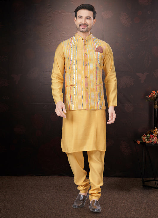 Yellow Pure Silk Mens Kurta Pajama Set with Jacket