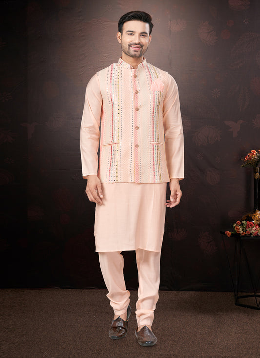 Pink Pure Silk Mens Kurta Pajama Set with Jacket