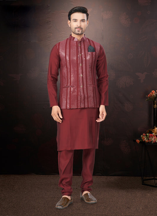 Maroon Pure Silk Mens Kurta Pajama Set with Jacket