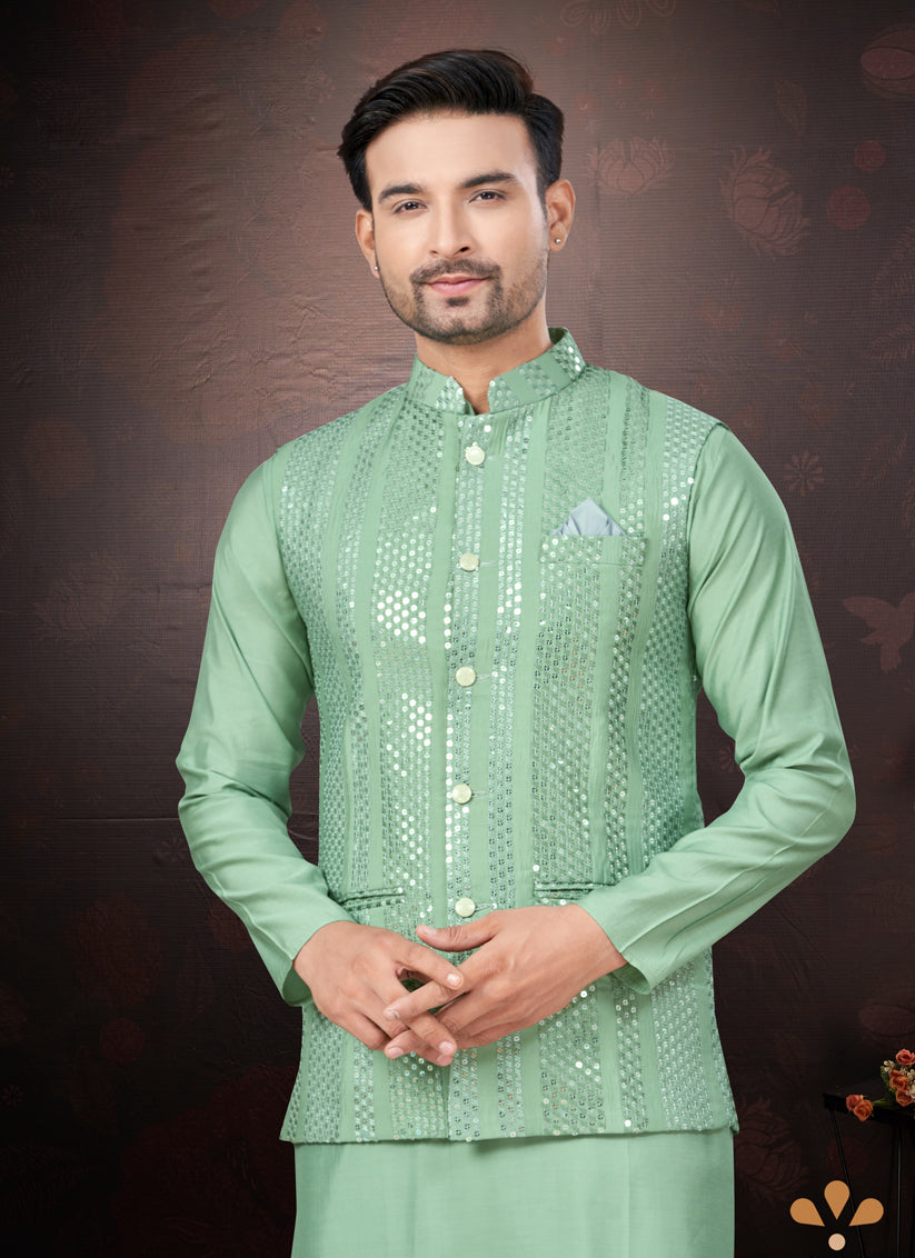 Teal Green Pure Silk Mens Kurta Pajama Set with Jacket