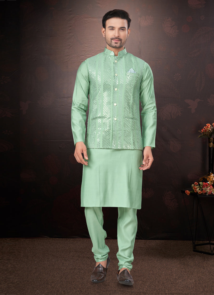 Teal Green Pure Silk Mens Kurta Pajama Set with Jacket