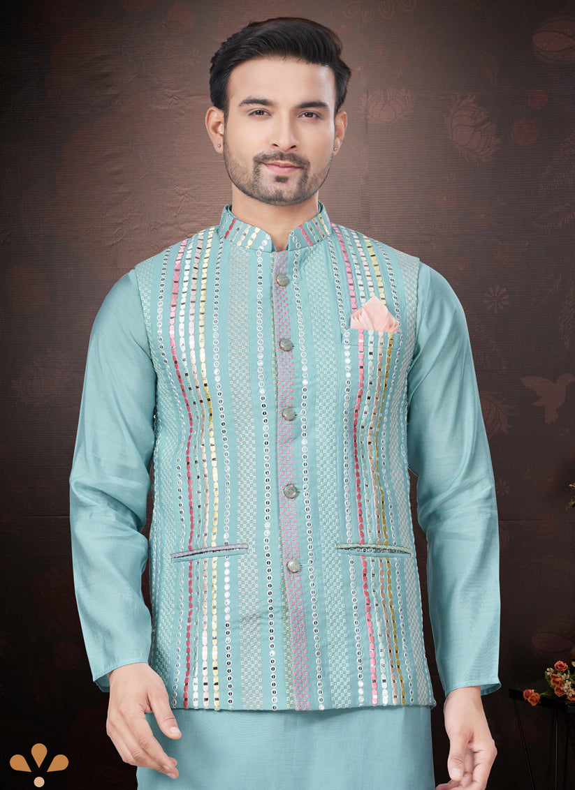 Sky Blue Pure Silk Mens Kurta Pajama Set with Jacket