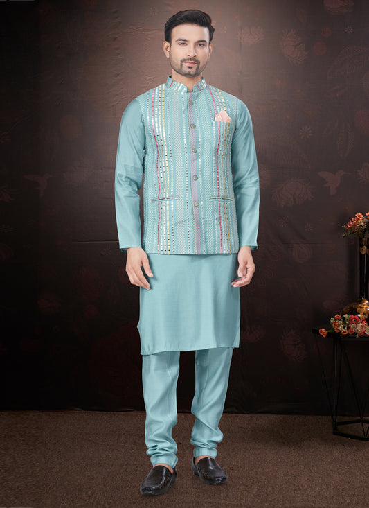 Sky Blue Pure Silk Mens Kurta Pajama Set with Jacket