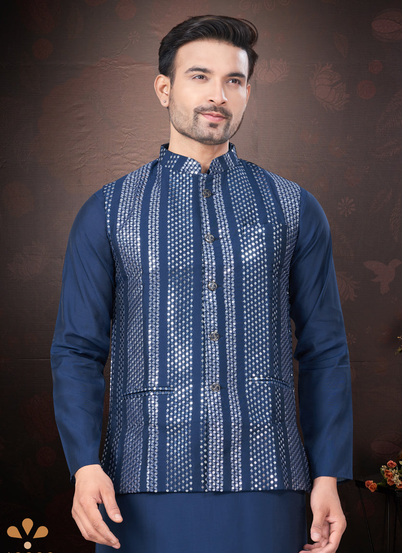 Navy Blue Pure Silk Mens Kurta Pajama Set with Jacket