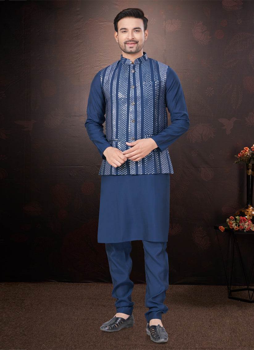 Navy Blue Pure Silk Mens Kurta Pajama Set with Jacket