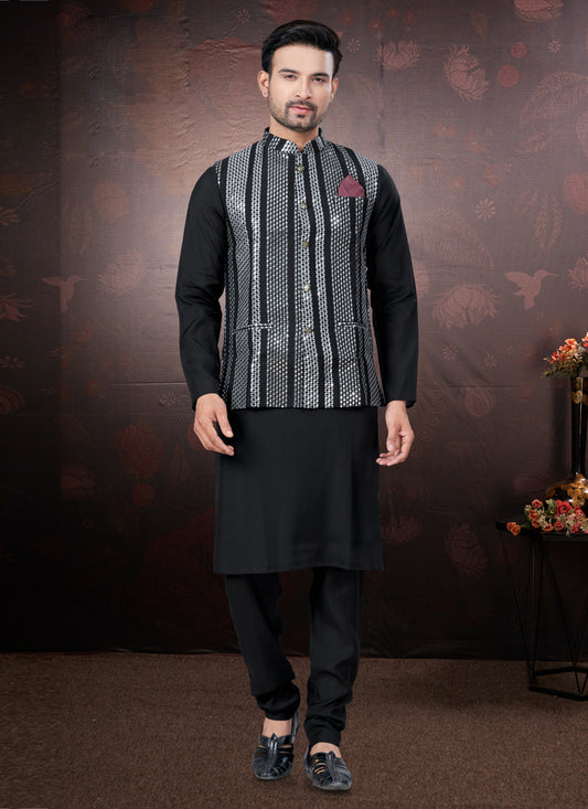 Black Pure Silk Mens Kurta Pajama Set with Jacket